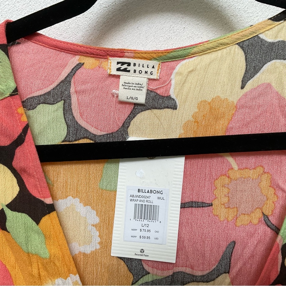 NWT BillaBong Tropical Floral Wrap Dress Size Large Vacation Spring Summer - Picture 3 of 5